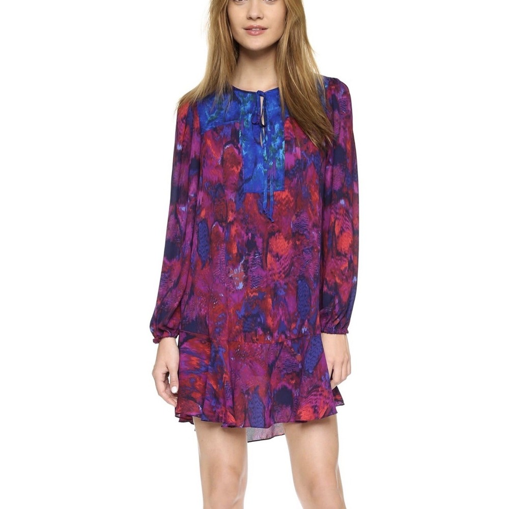 BCBG MaxAzria Size-L Dress Kenya Keyhole Mini Plum Purple Blue Long Sleeve